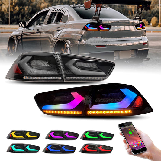 HCMOTION For Mitsubishi Lancer 2008-2017 EVO X Smoked LED Tail Lights 4Pcs Rear Lamp RGB