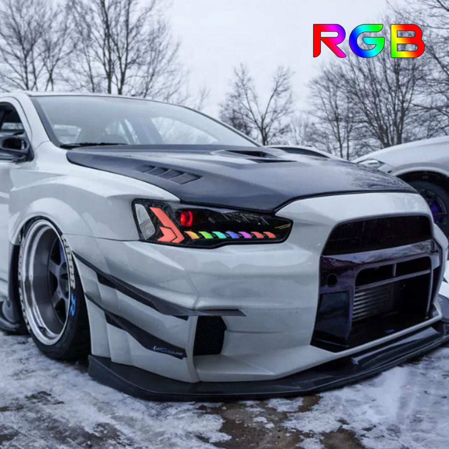 HCMOTIONZ RGB LED Headlights For Mitsubishi Lancer 2008-2017 Dazzle Demon Eyes DRL Start Up Animation