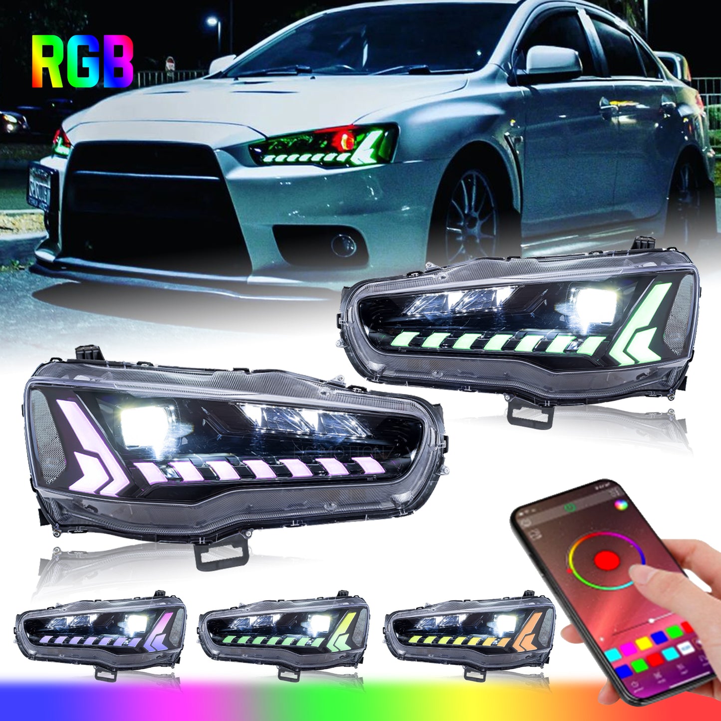 HCMOTIONZ RGB LED Headlights For Mitsubishi Lancer 2008-2017 Dazzle Demon Eyes DRL Start Up Animation