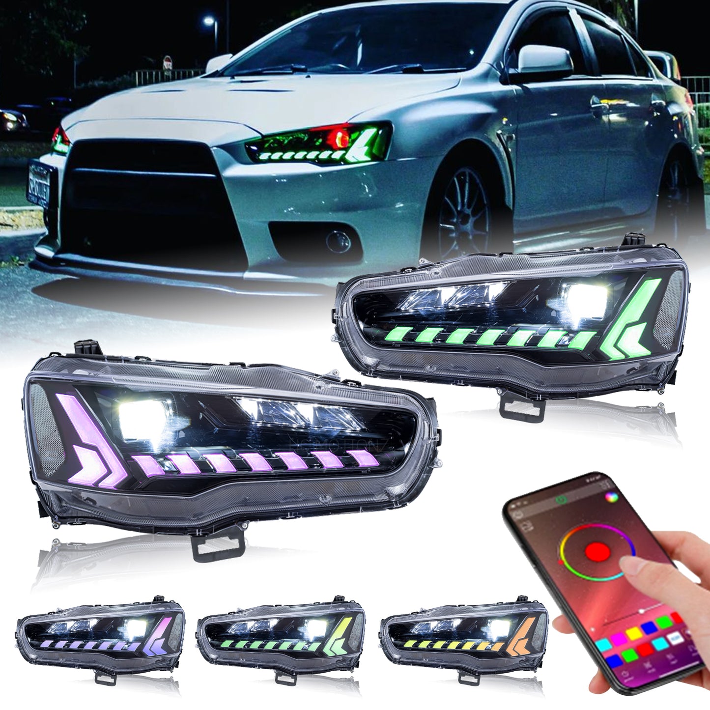 HCMOTIONZ RGB LED Headlights For Mitsubishi Lancer 2008-2017 Dazzle Demon Eyes DRL Start Up Animation