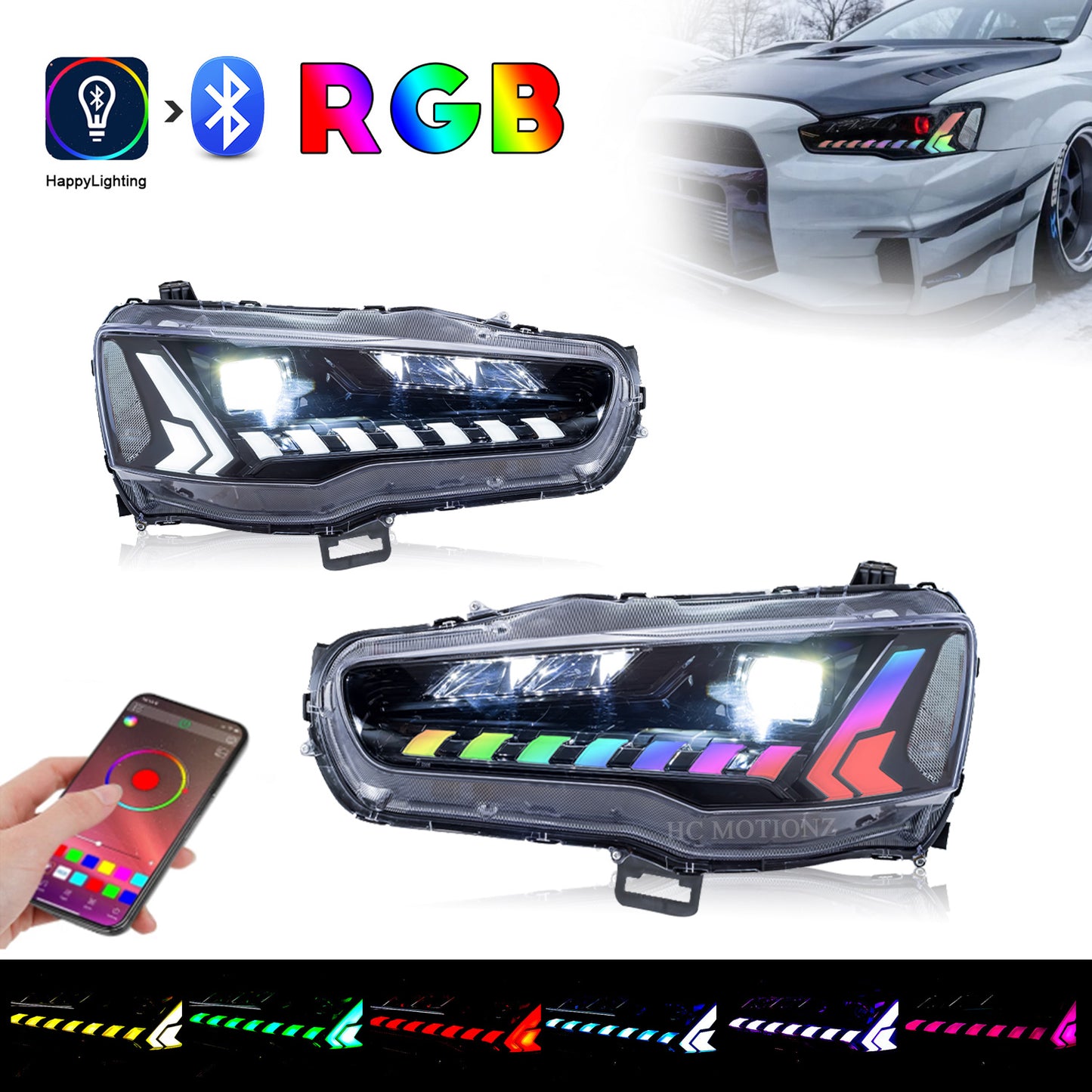 HCMOTIONZ RGB LED Headlights For Mitsubishi Lancer 2008-2017 Dazzle Demon Eyes DRL Start Up Animation