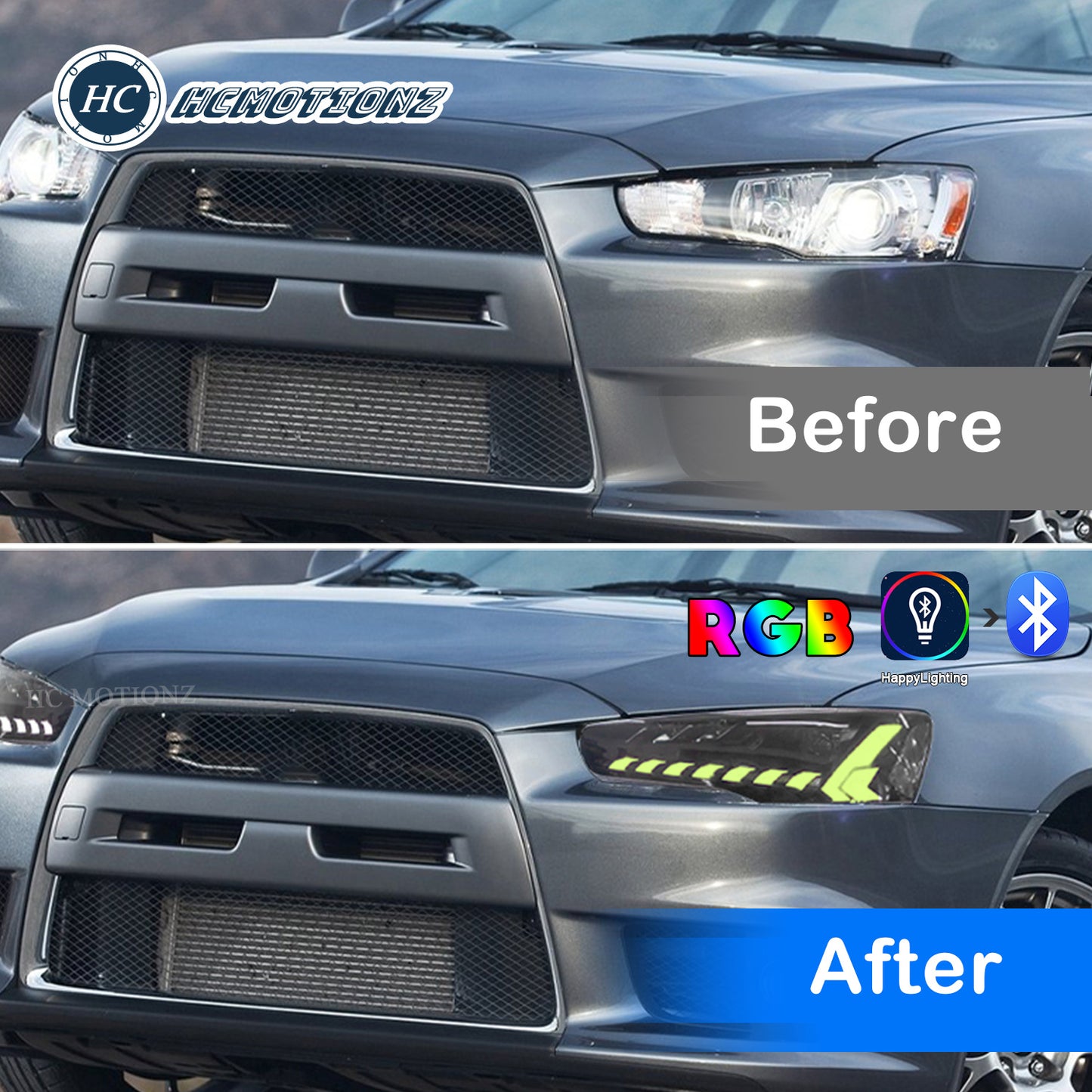 HCMOTIONZ RGB LED Headlights For Mitsubishi Lancer 2008-2017 Dazzle Demon Eyes DRL Start Up Animation