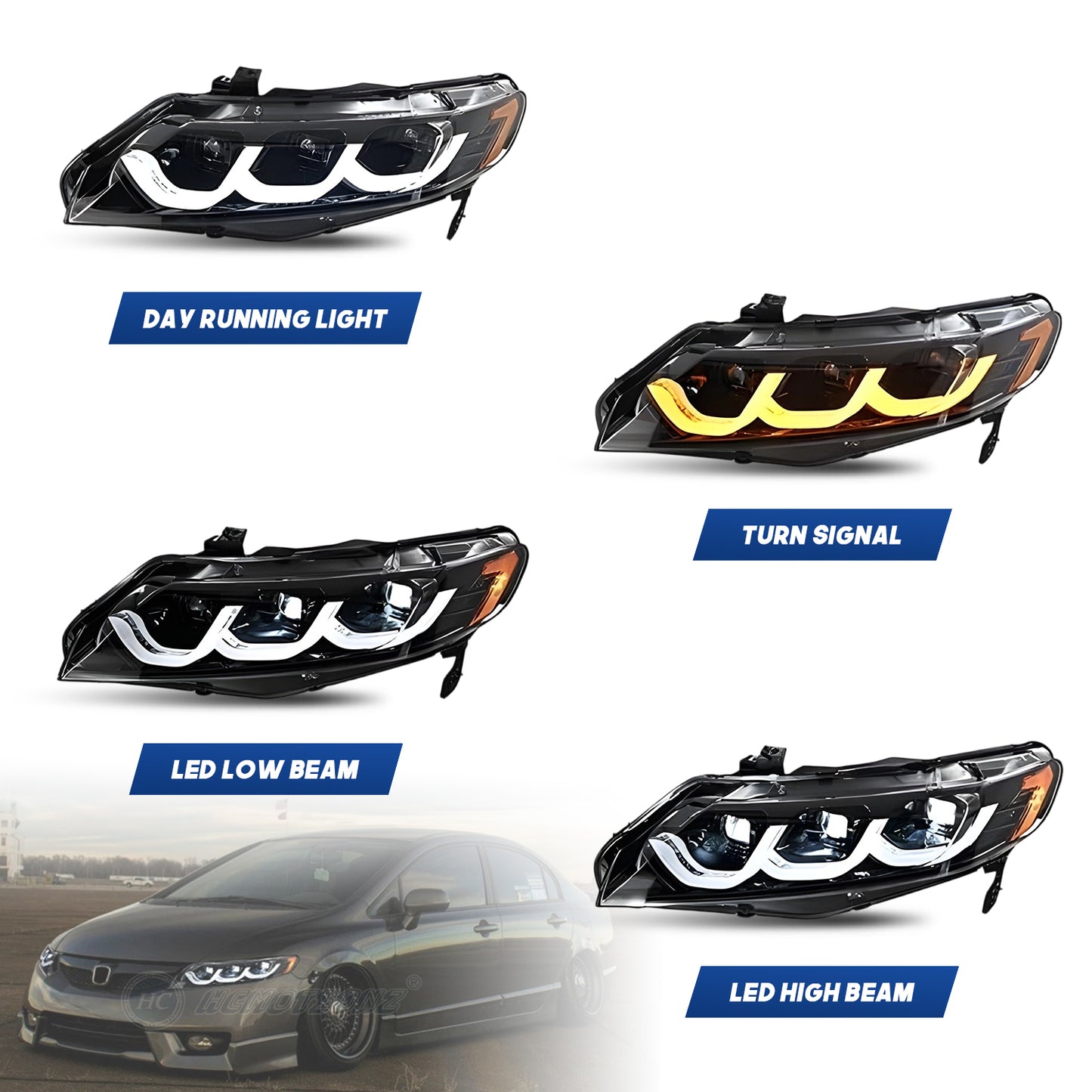 HCMOTION LED Head Lights for Honda Civic 2006-2011 8th Gen 4Doors Sedan