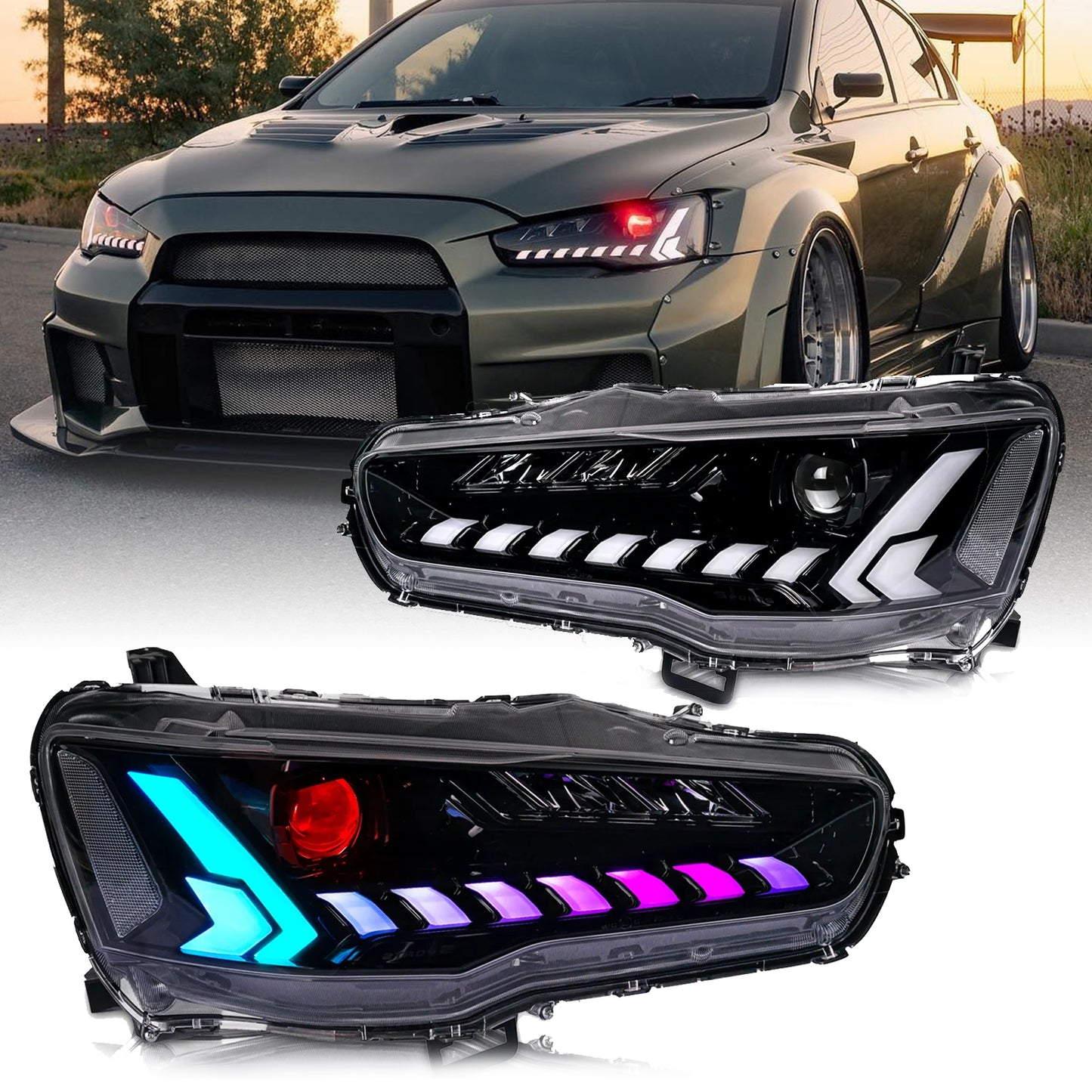 HCMOTIONZ RGB LED Headlights For Mitsubishi Lancer 2008-2017 Dazzle Demon Eyes DRL Start Up Animation
