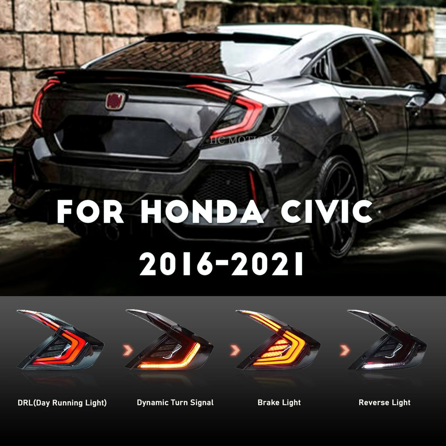HCMOTION LED Tail Lights for Honda Civic 2016-2021 DRL Start Up Animation Rear Lamp Assembly