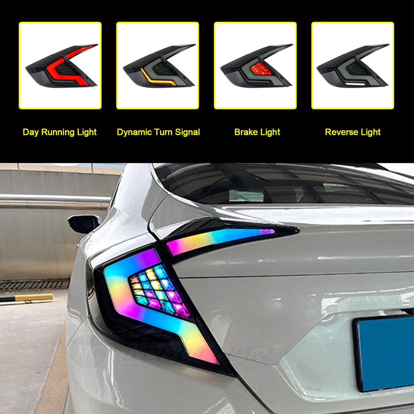 HCMOTION RGB LED Taillights Honda Civic 2016-2021 Colorful DRL Start UP Animation