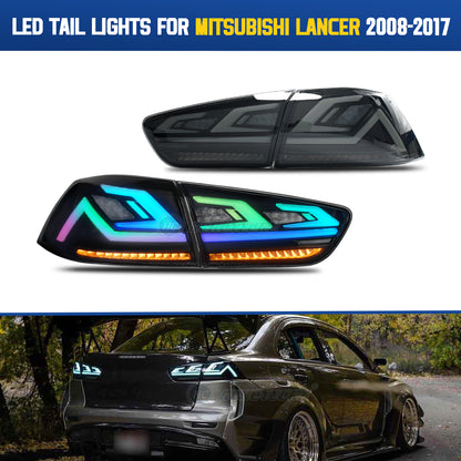 HCMOTION For Mitsubishi Lancer 2008-2017 EVO X Smoked LED RGB Tail Lights 4Pcs Rear Lamp Full Smoke Carbon Fiber