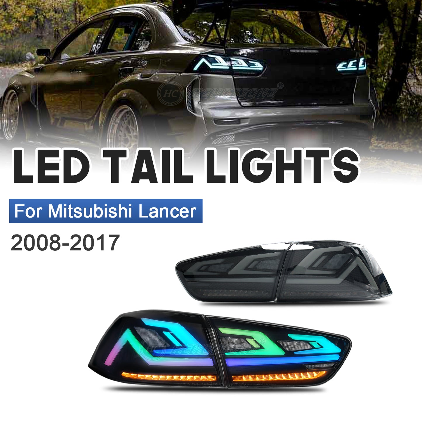 HCMOTION For Mitsubishi Lancer 2008-2017 EVO X Smoked LED RGB Tail Lights 4Pcs Rear Lamp Full Smoke Carbon Fiber