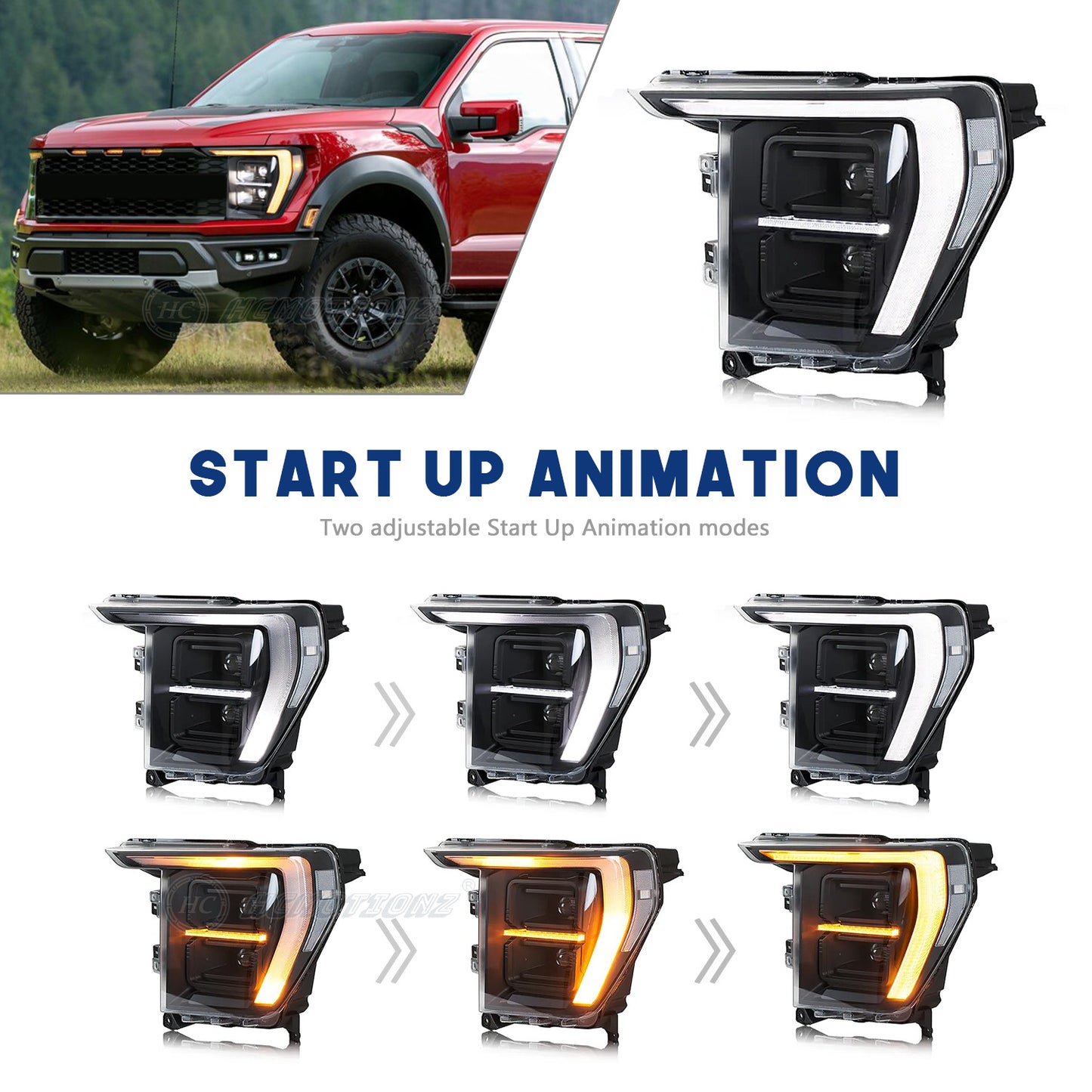 HCMOTIONZ Full LED Headlights for Ford F-150 F150 2021 2022 2023 2024 Start-up Animation Sequential Signal Front Lamps Assembly