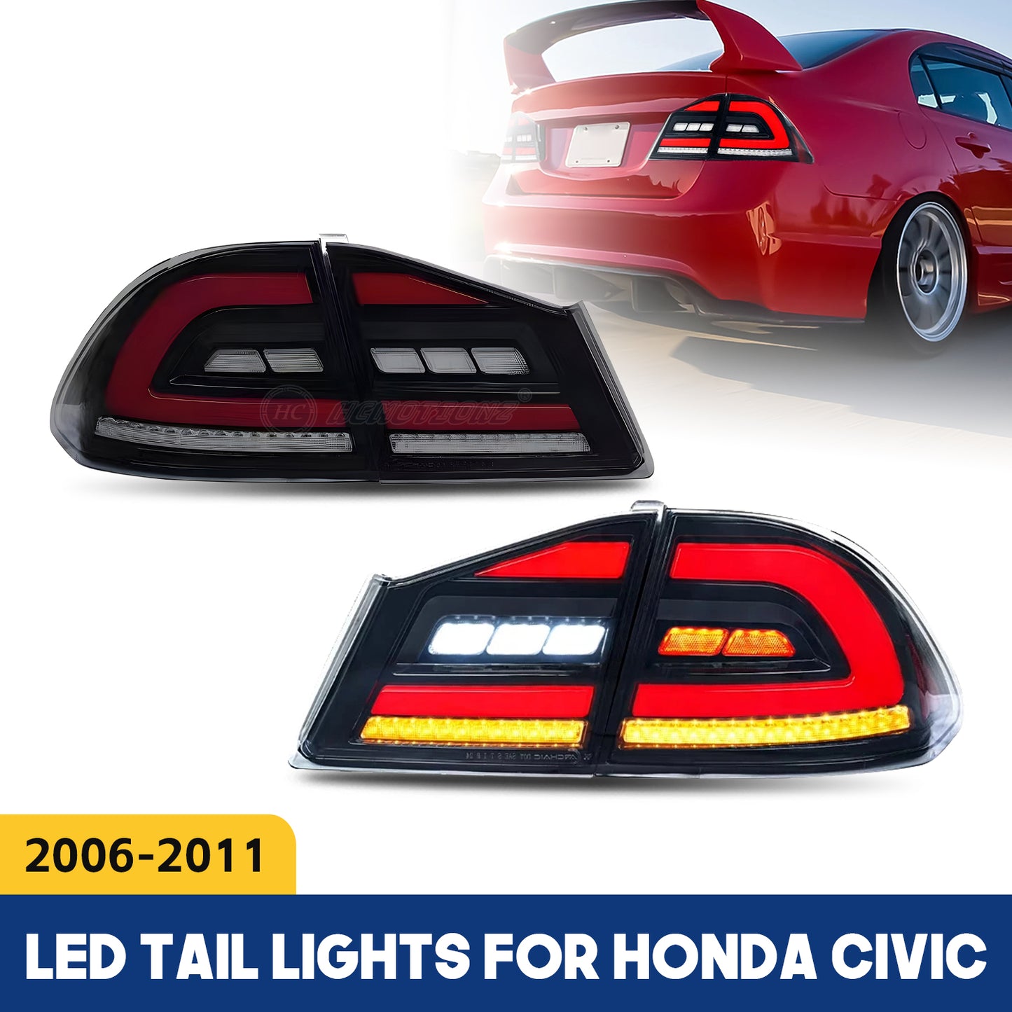 HCMOTION Honda Civic Sedan/Type R LED Tail Lights 2006-2011 8th gen FD2 FD3 DRL Start UP Animation Rear Lamps