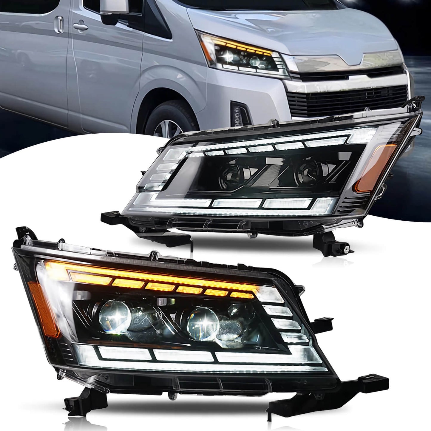 Full LED Headlights for Toyota Hiace 2019-2023 Sequential Turn Signal Start UP Animation