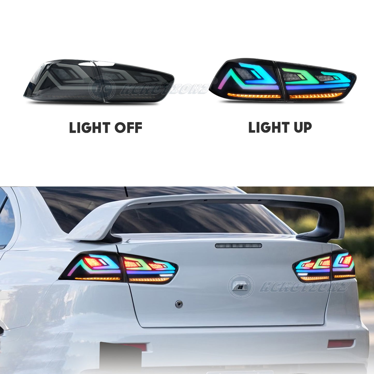 HCMOTION For Mitsubishi Lancer 2008-2017 EVO X Smoked LED RGB Tail Lights 4Pcs Rear Lamp Full Smoke Carbon Fiber