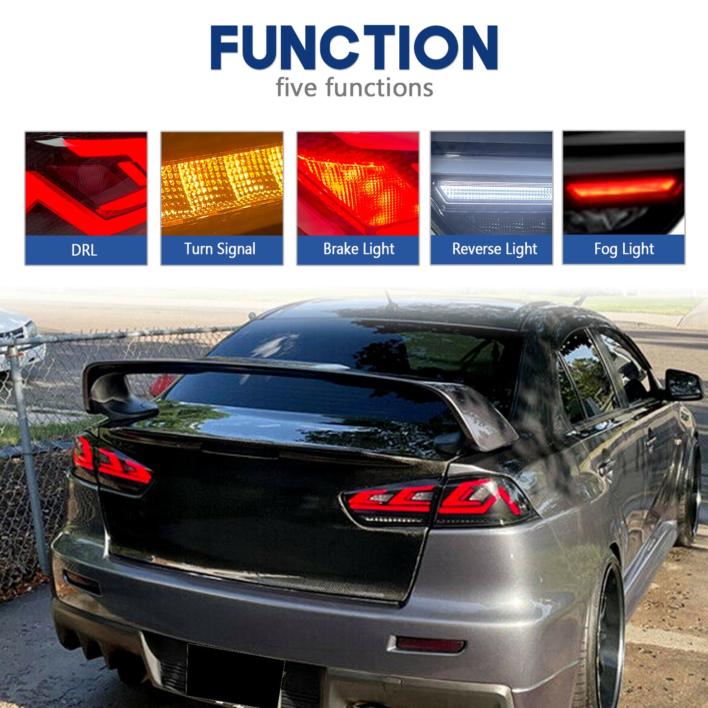 HCMOTION For Mitsubishi Lancer 2008-2017 EVO X Smoked LED RGB Tail Lights 4Pcs Rear Lamp Full Smoke Carbon Fiber