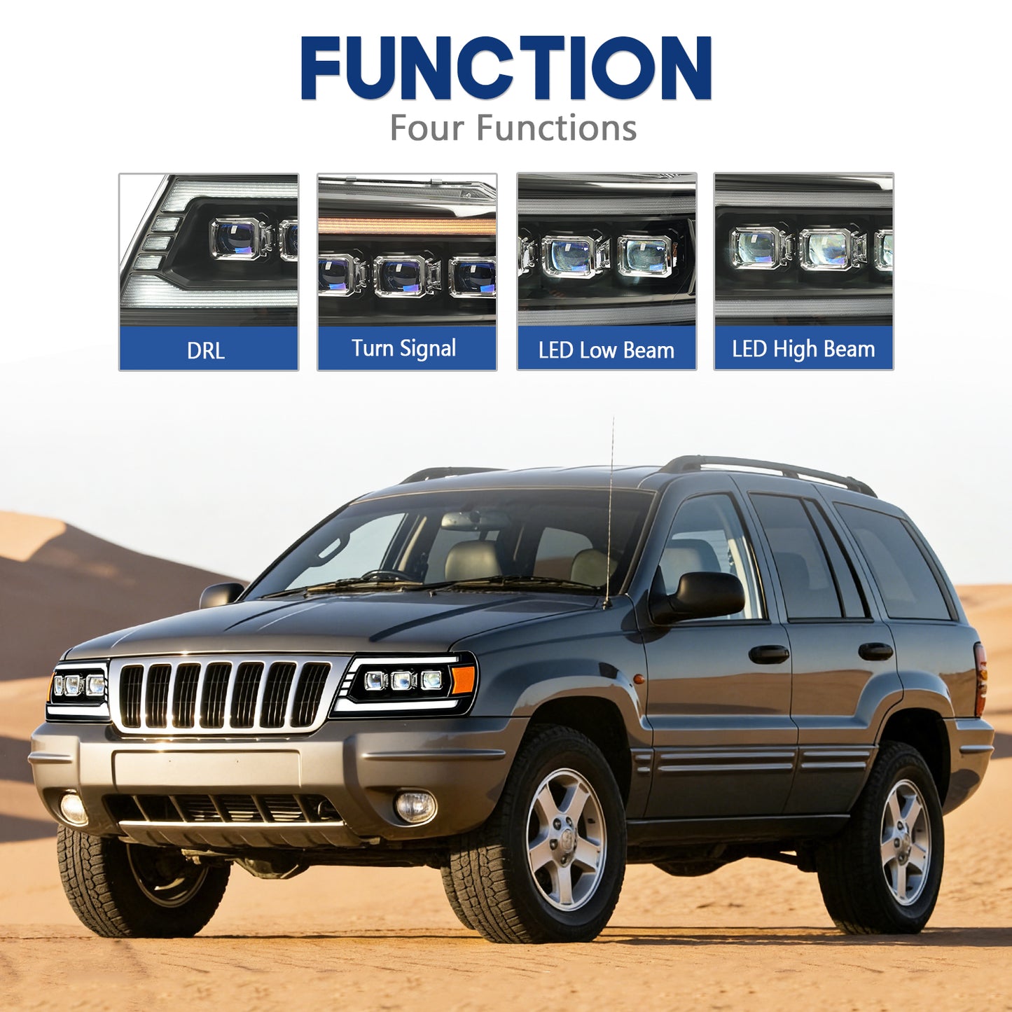 HCMOTION LED Headlights for Jeep Grand Cherokee 1999-2004 Sequential Signal Front Lamps Assembly