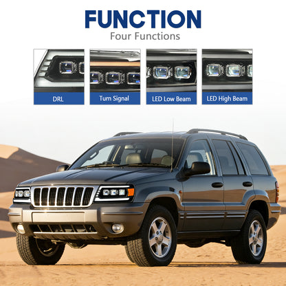 HCMOTION LED Headlights for Jeep Grand Cherokee 1999-2004 Sequential Signal Front Lamps Assembly
