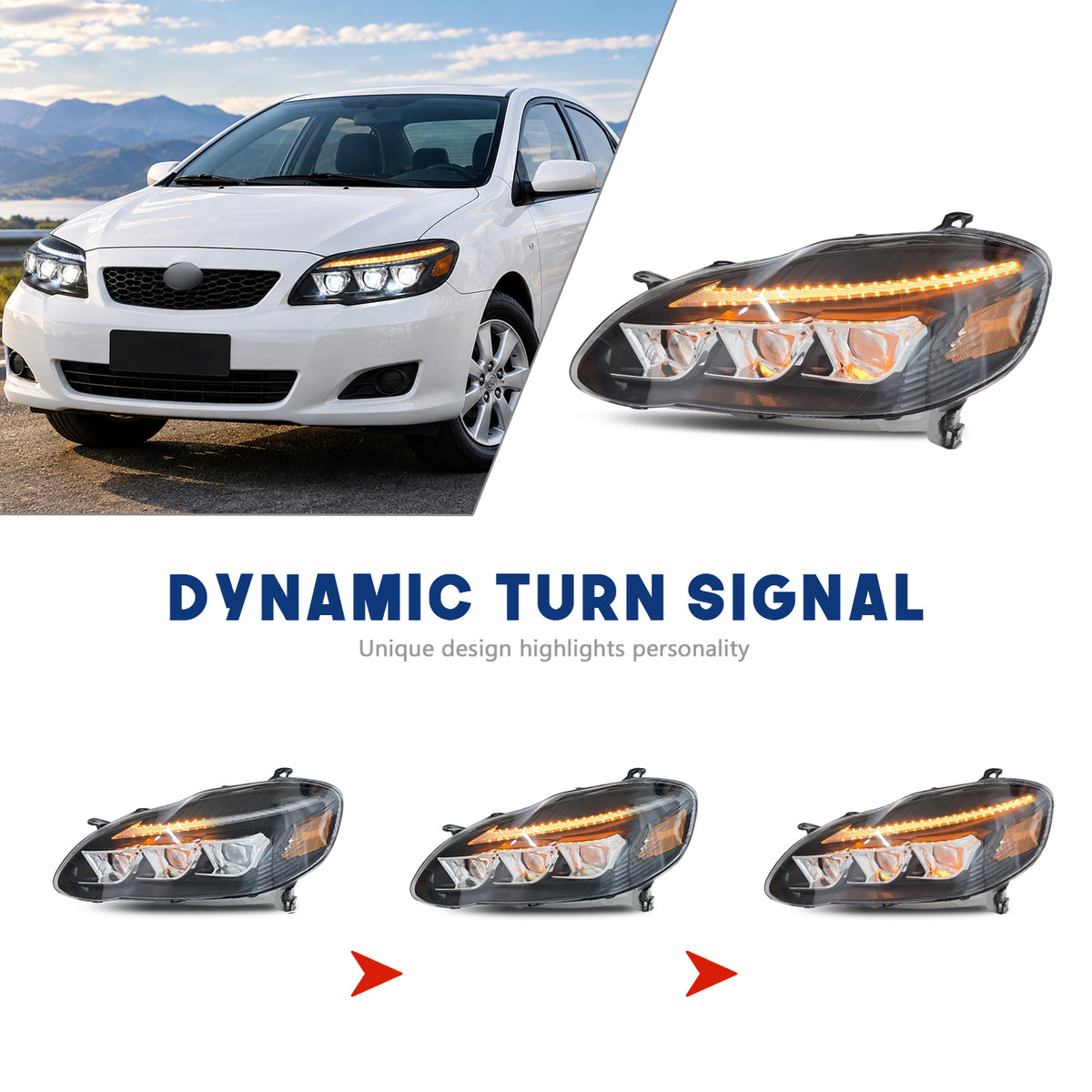 HCMOTION LED Headlights for Toyota Corolla 2003-2008 E130  Sequential Turn Signal Amber