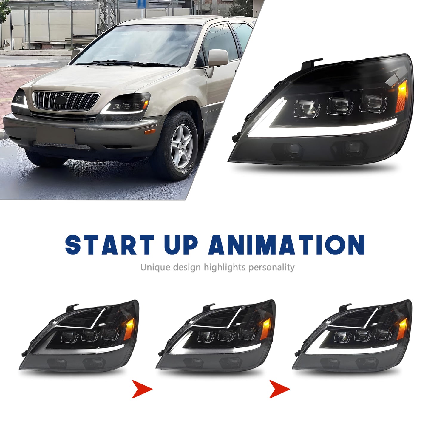 HCMOTION LED Headlights for Lexus RX330 RX350 RX400h 1998-2003 DRL Start UP Animation High Quality Continuous Front lights