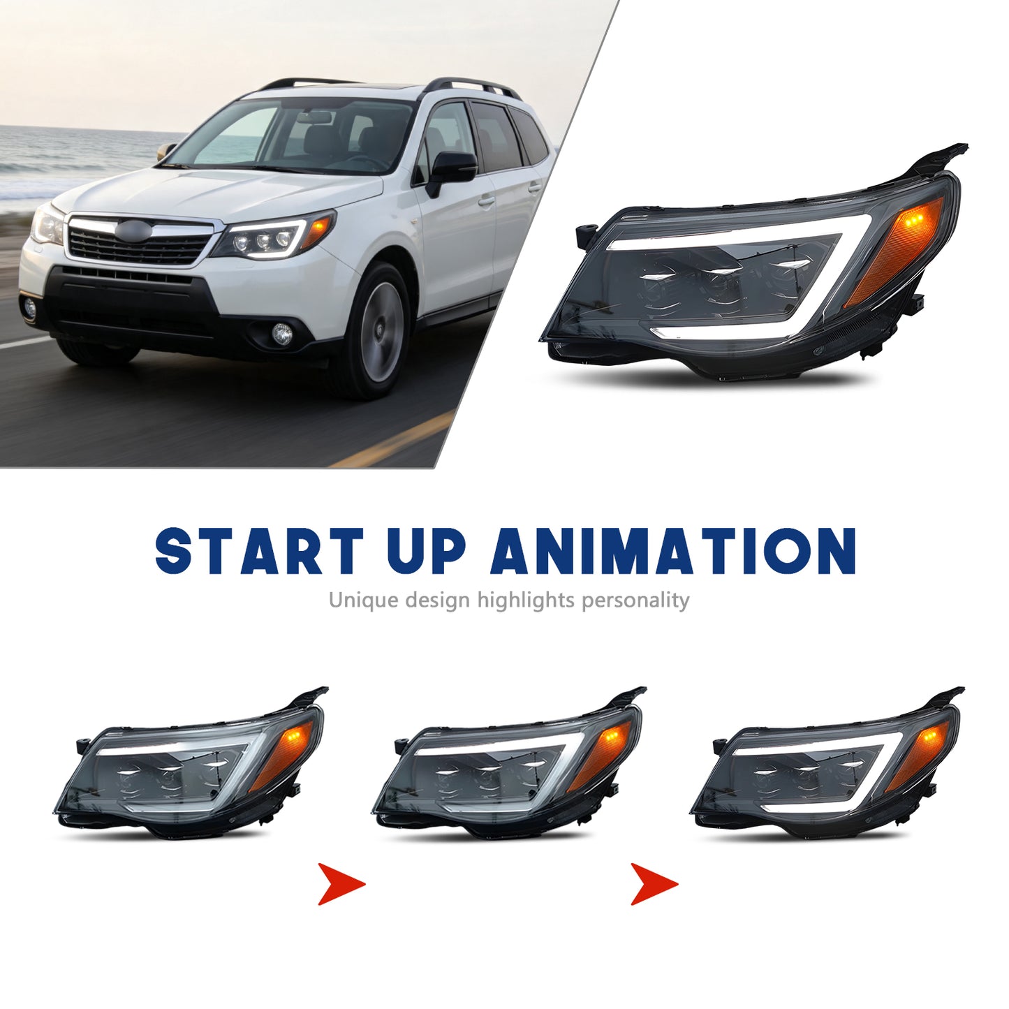 HCMOTION LED Head Lights for Subaru Forester 2008-2012 DRL Start up Animation Front Lamps Assembly
