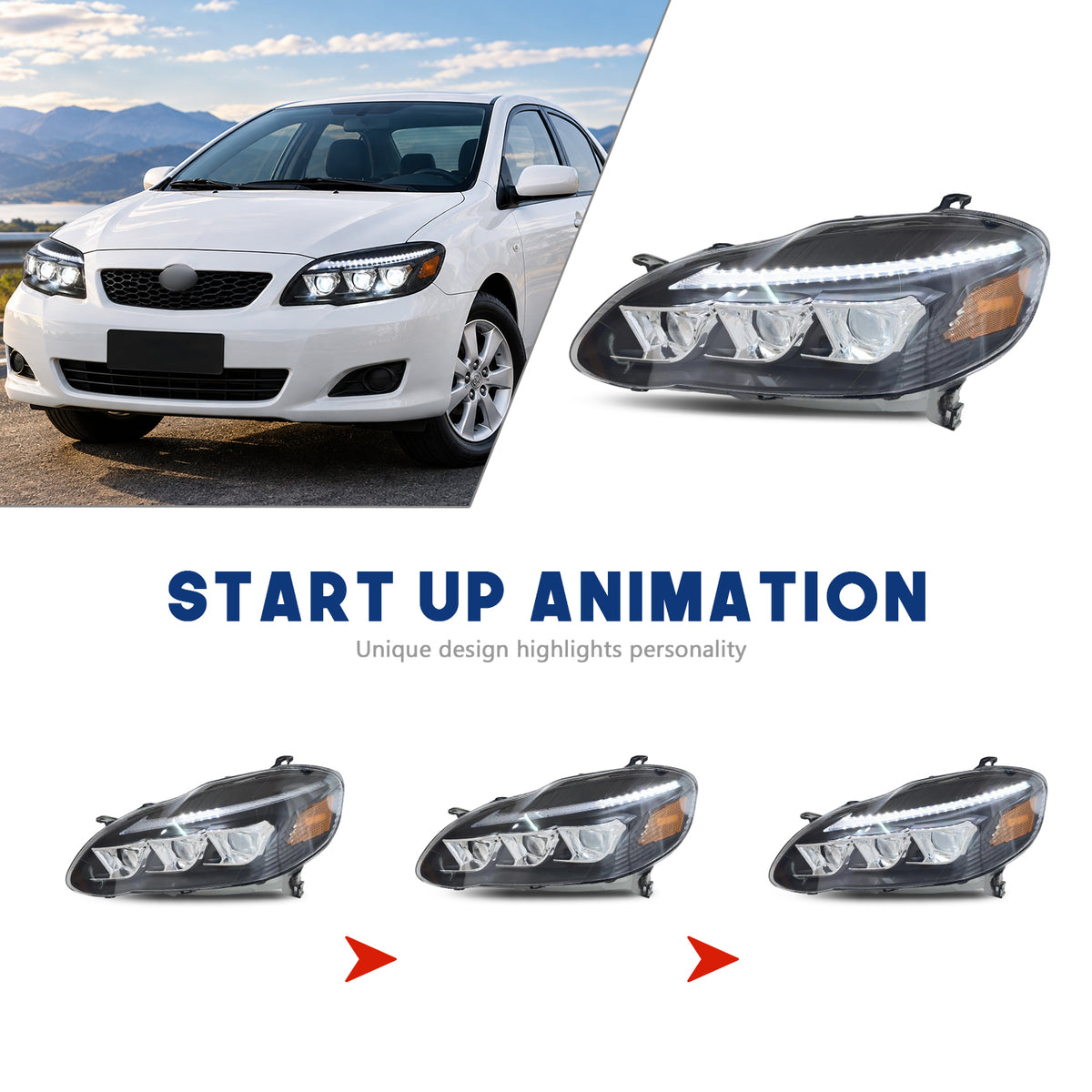 HCMOTION LED Headlights for Toyota Corolla 2003-2008 E130  Sequential Turn Signal Amber