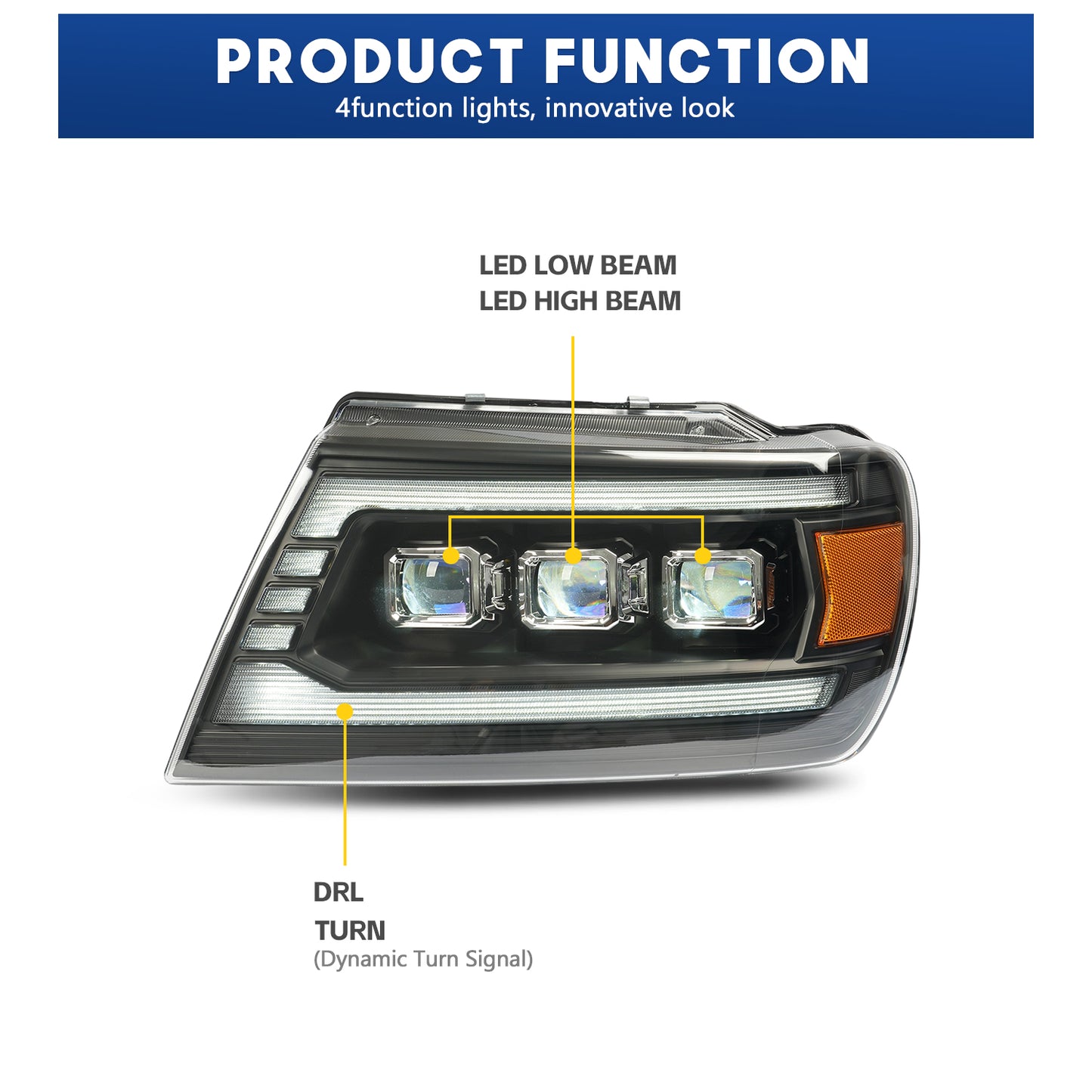HCMOTION LED Headlights for Jeep Grand Cherokee 1999-2004 Sequential Signal Front Lamps Assembly