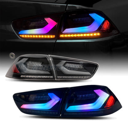 HCMOTION For Mitsubishi Lancer 2008-2017 EVO X Smoked LED Tail Lights 4Pcs Rear Lamp RGB