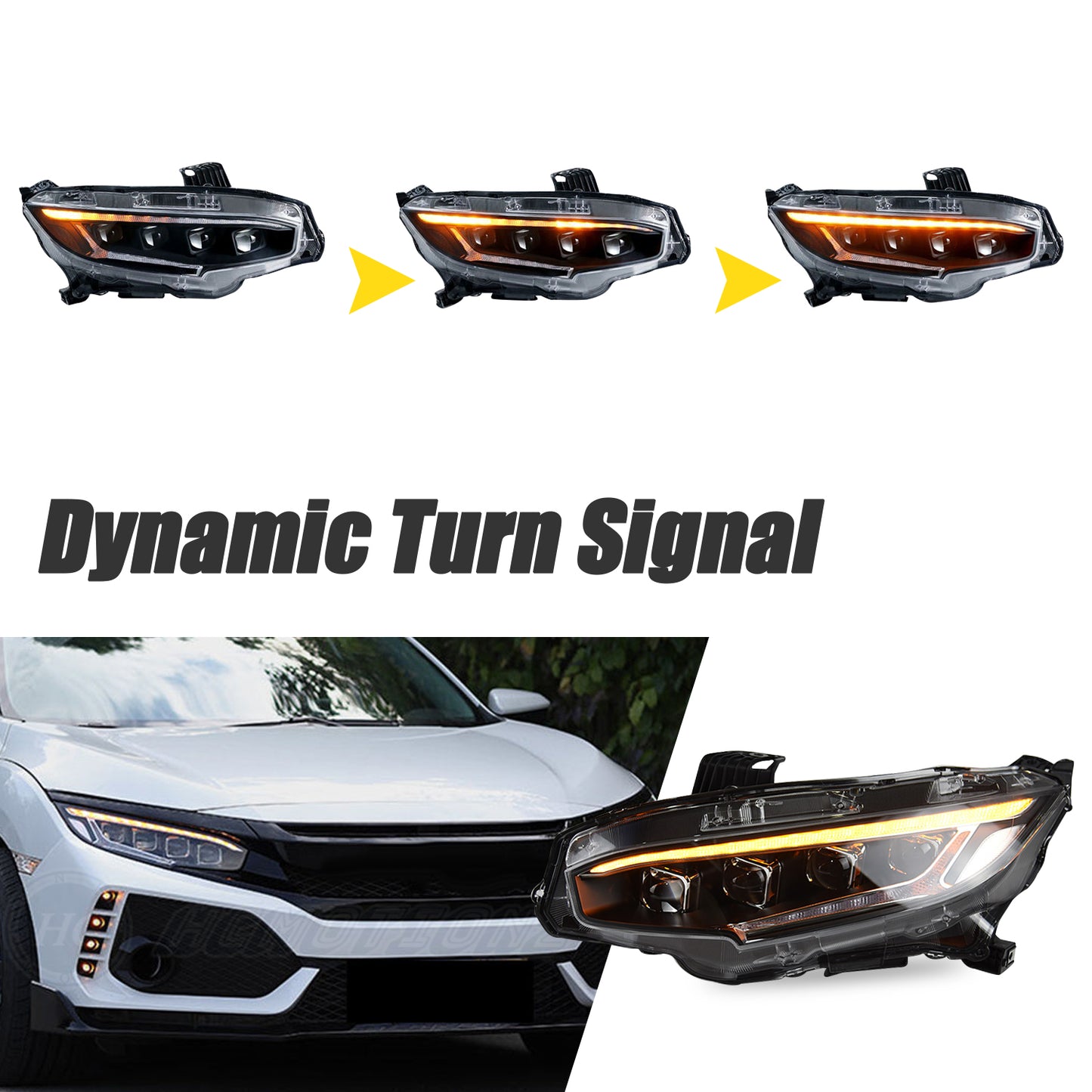 HCMOTION LED Headlights For Honda Civic 2016-2021 10th Gen Mustang Style DRL Start UP Animation