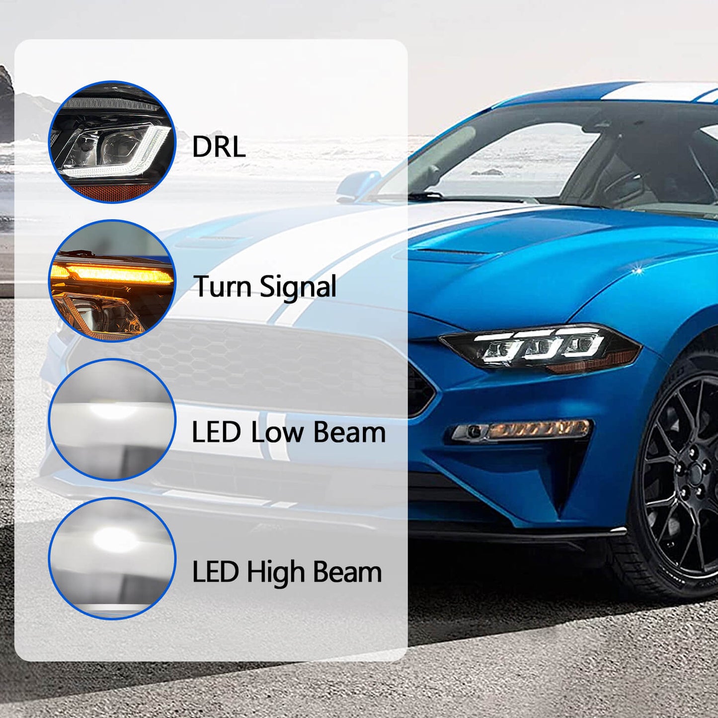 HCMOTIONZ LED Headights For Ford Mustang 2018-2022 DRL Start UP Animation Front Lamp