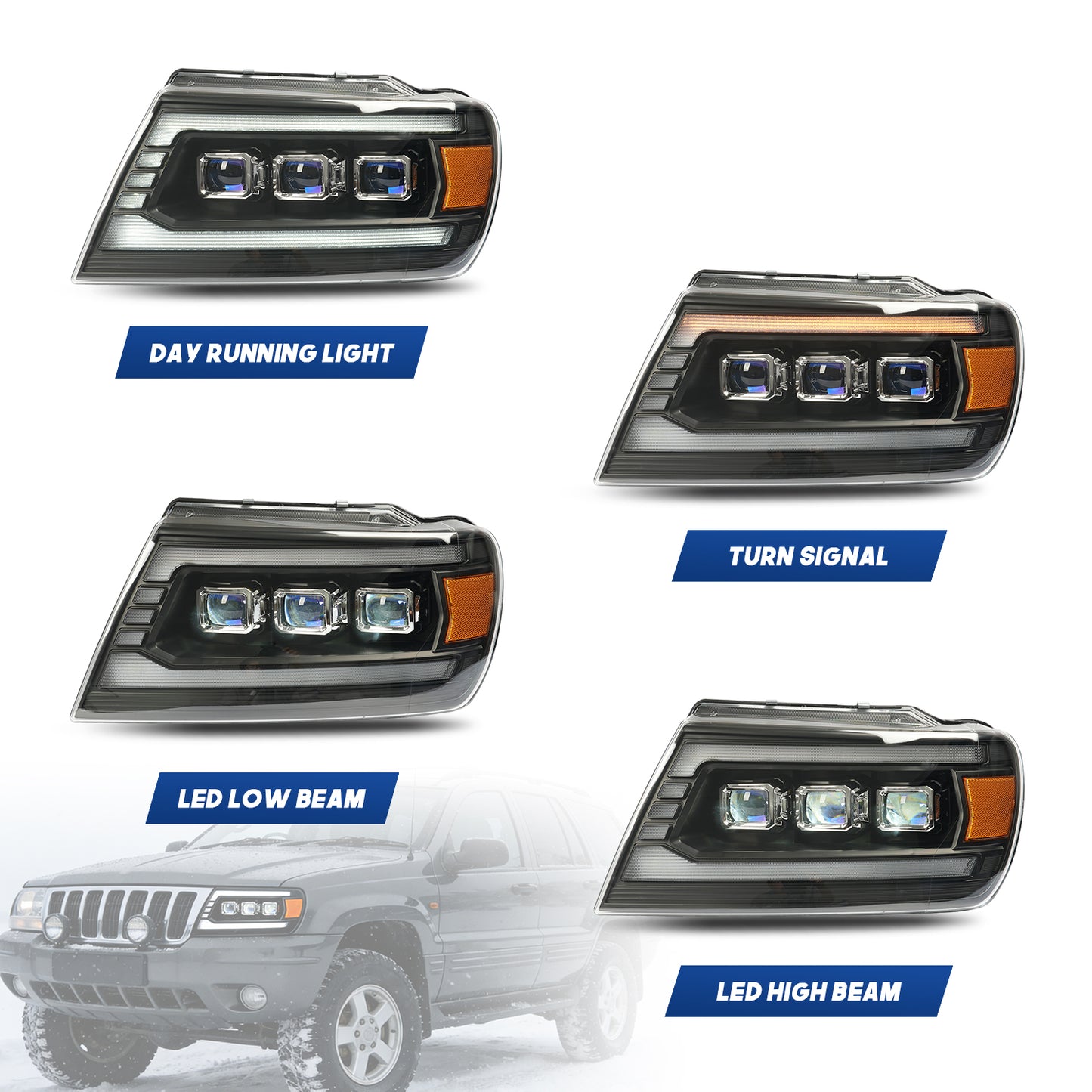 HCMOTION LED Headlights for Jeep Grand Cherokee 1999-2004 Sequential Signal Front Lamps Assembly