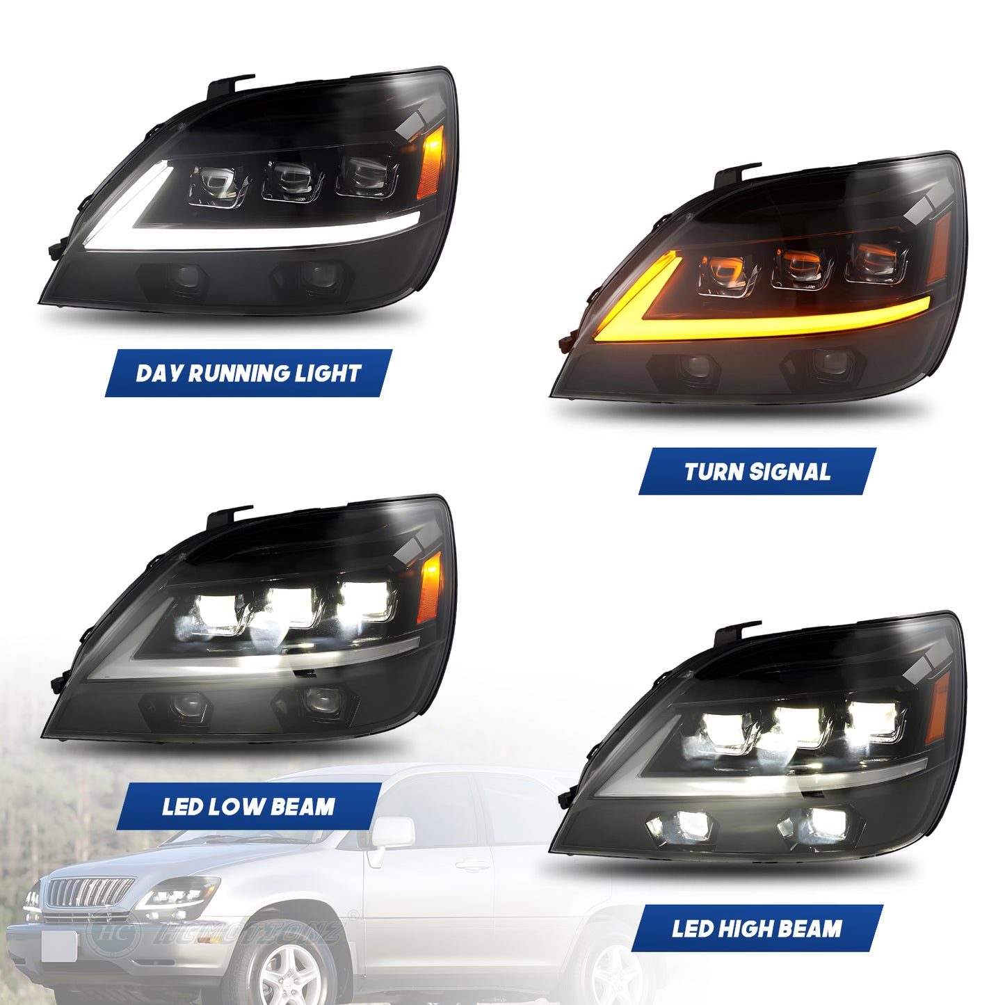 HCMOTION LED Headlights for Lexus RX330 RX350 RX400h 1998-2003 DRL Start UP Animation High Quality Continuous Front lights