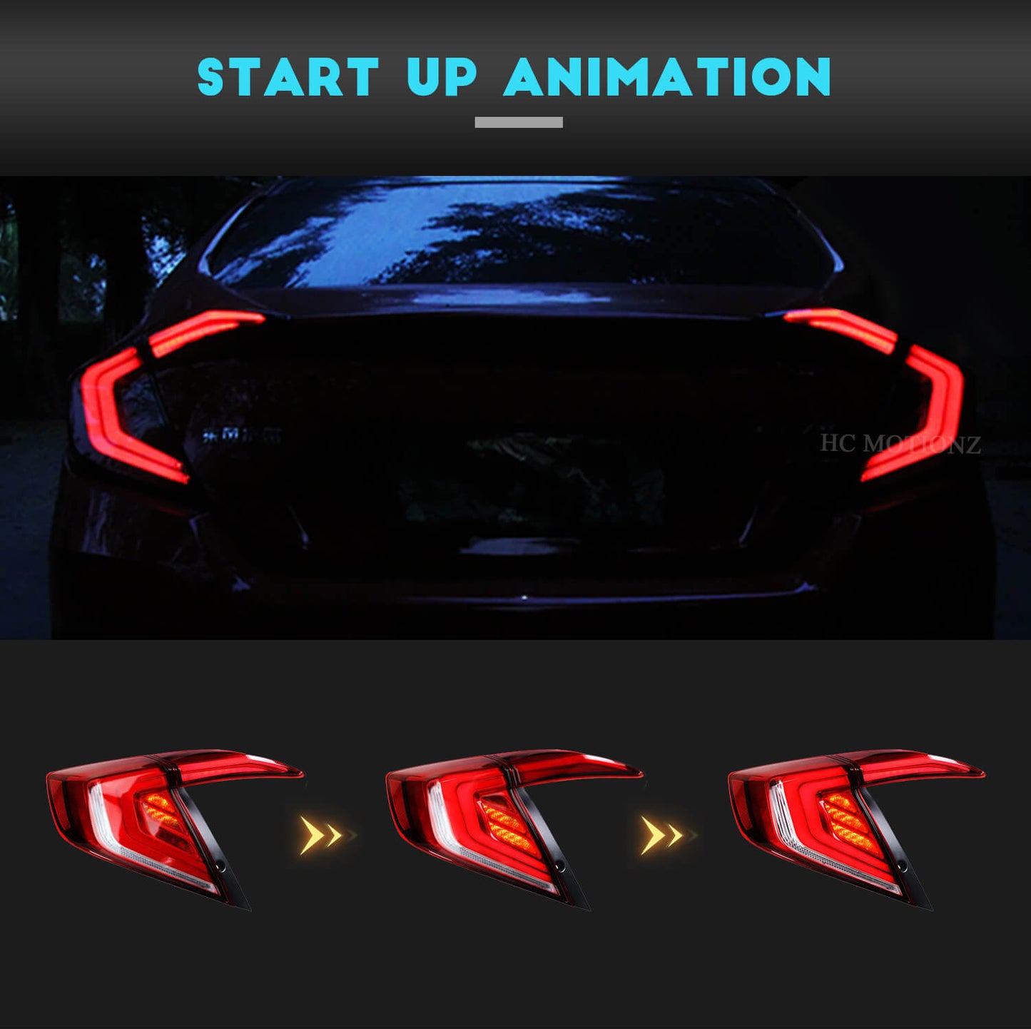 HCMOTION LED Tail Lights for Honda Civic 2016-2021 DRL Start Up Animation Rear Lamp Assembly