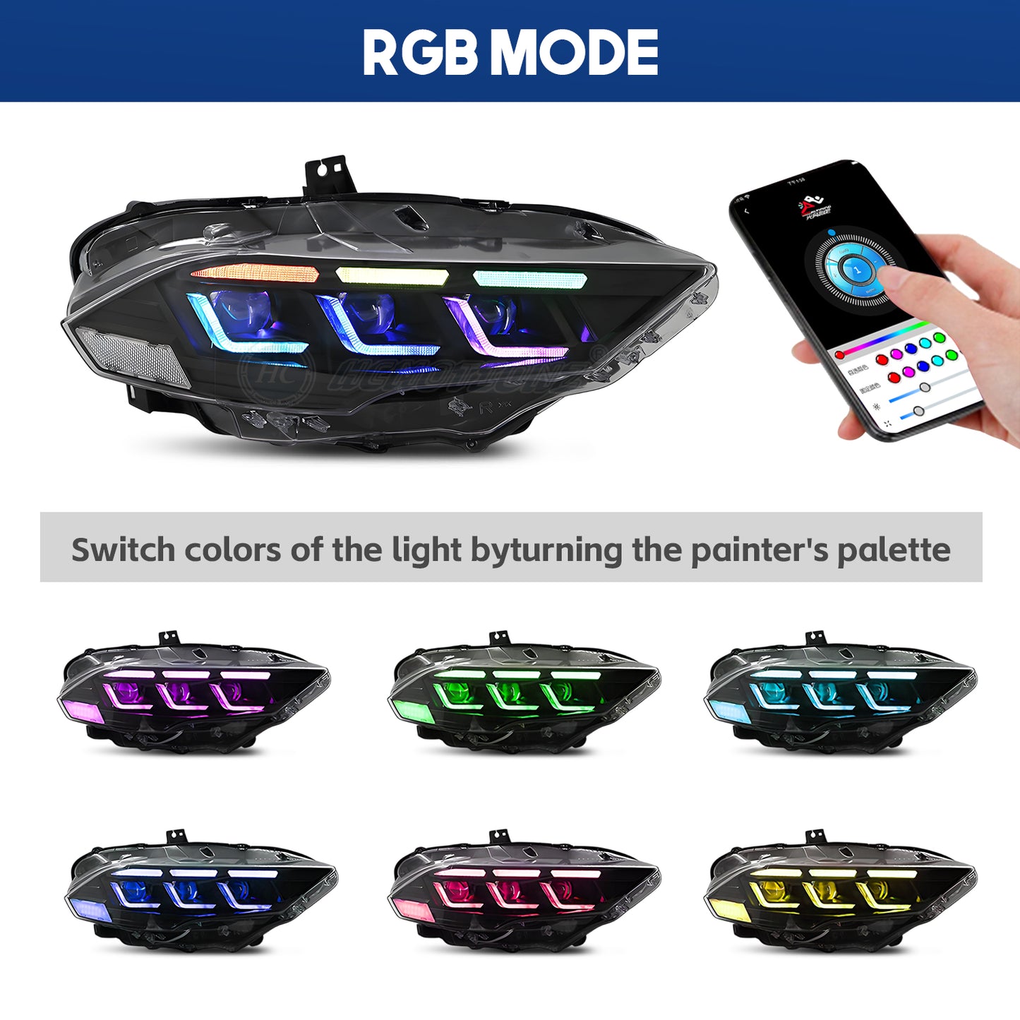 HCMOTIONZ LED RGB Headlights for Ford Mustang 2018-2023