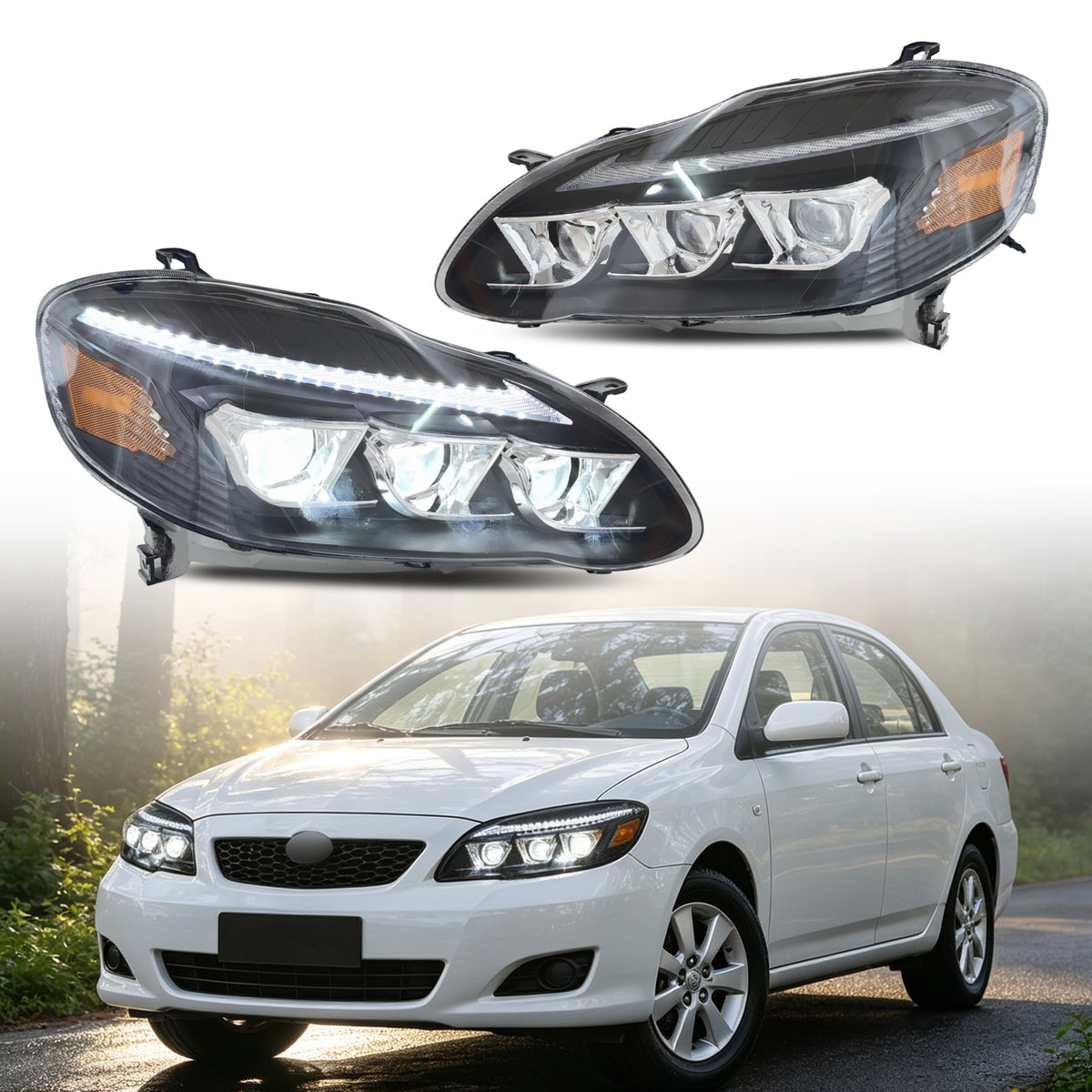 HCMOTION LED Headlights for Toyota Corolla 2003-2008 E130  Sequential Turn Signal Amber